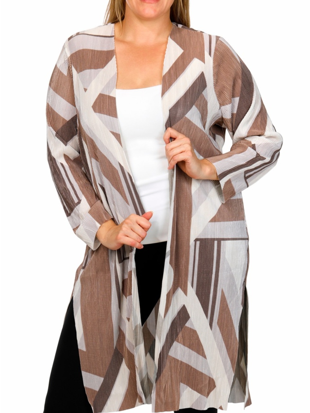 Cyrus Brown & White Geometric Open-Front Duster Cape